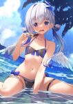  1girl amane_kanata angel angel_wings bare_shoulders bikini blue_hair chocolate_banana collarbone colored_inner_hair flat_chest food food_on_face grey_hair gyuunyuu_bin hair_ornament hair_rings hairclip hololive long_hair multicolored_hair navel open_mouth partially_submerged purple_eyes solo stomach swimsuit thigh_strap twintails virtual_youtuber water wings 