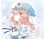  1girl blue_headwear cherry_blossoms closed_mouth from_side hat highres koto_(shiberia39) looking_at_viewer mob_cap pink_eyes pink_hair saigyouji_yuyuko short_hair solo touhou triangular_headpiece upper_body white_background 