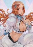  1girl bleach bleach:_the_thousand-year_blood_war blush breasts brown_eyes cowboy_shot detached_sleeves hair_ornament hairpin highres inoue_orihime large_breasts lips long_hair long_sleeves looking_at_viewer magion02 midriff navel orange_hair parted_lips puffy_long_sleeves puffy_sleeves shirt sidelocks skirt solo white_shirt white_skirt 