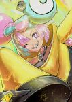  1girl aqua_hair bow-shaped_hair character_hair_ornament hair_ornament highres iono_(pokemon) jacket kaosu_(kaosu0905) oversized_clothes pokemon pokemon_(game) pokemon_sv sharp_teeth shirt sleeveless sleeveless_shirt sleeves_past_fingers sleeves_past_wrists solo teeth yellow_jacket 