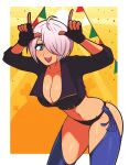  1girl absurdres angel_(kof) blue_eyes bra breasts chaps cropped_jacket finger_horns fingerless_gloves gloves hair_over_one_eye highres index_fingers_raised jacket jeff_miga large_breasts leaning_forward leather leather_jacket smile snk solo strapless strapless_bra the_king_of_fighters the_king_of_fighters_xiv toned underwear white_hair 