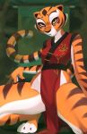  2022 absurd_res anthro bearbeer breasts clothed clothing crouching dreamworks felid female fur hi_res kung_fu_panda mammal master_tigress orange_body orange_fur pantherine red_eyes small_breasts solo spread_legs spreading striped_body striped_fur stripes tiger white_body white_fur yellow_sclera 