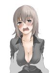  1girl arms_at_sides blush breast_grab breasts cleavage disembodied_limb elf_(stroll_in_the_woods) flying_sweatdrops girls_und_panzer grabbing grey_eyes grey_hair grey_shirt grey_skirt groping hair_between_eyes highres itsumi_erika kuromorimine_military_uniform large_breasts long_hair looking_at_viewer partially_unbuttoned shirt skirt solo 