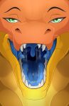  absurd_res blablasaur blaze_(blaze125) blue_insides bodily_fluids dragon dripping female feral green_eyes hi_res imminent_vore mouth_shot nonbinary_(lore) open_mouth orange_body orange_scales saliva saliva_drip saliva_on_tongue saliva_string scales scalie solo teeth uvula 