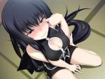  1girl bangs bare_arms bare_legs black_bow black_hair black_shirt black_shorts blush bow breasts cleavage cleavage_cutout closed_mouth clothing_cutout crying from_above game_cg hair_between_eyes hair_bow indoors kawagishi_keitarou lin_chong_(majikoi) long_hair low-tied_long_hair maji_de_watashi_ni_koi_shinasai! medium_breasts purple_eyes shiny shiny_hair shiny_skin shirt short_shorts shorts sitting sleeveless sleeveless_shirt solo tatami tears very_long_hair wariza 