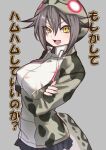  1girl a888_n22 animal_print bangs breasts covered_nipples crossed_arms drawstring eyelashes eyes_visible_through_hair fang fingernails grey_background grey_hair hair_between_eyes highres hood hood_up hooded_jacket jacket kemono_friends large_breasts long_sleeves looking_at_viewer microskirt okinawa_habu_(kemono_friends) open_mouth parted_bangs print_jacket simple_background skin_fang skirt smile snake_print snake_tail solo tail taut_clothes taut_jacket translation_request v-shaped_eyebrows yellow_eyes zipper zipper_pull_tab 