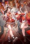  2girls absurdres akimurasaki animal_ear_fluff animal_ears bangs blue_eyes bow breasts brown_hair brown_skirt china_dress chinese_clothes chinese_new_year chinese_text chinese_zodiac cleavage detached_sleeves dress fireworks food full_body highres holding holding_food holding_lantern lantern large_breasts long_hair long_sleeves multiple_girls new_year open_mouth original purple_eyes red_bow red_dress shirt shoes short_hair skirt small_breasts socks striped_tail tail tangzhuang thighs tiger tiger_ears tiger_girl tiger_stripes tiger_tail white_hair white_shirt wide_sleeves year_of_the_tiger 