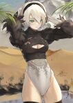  1girl arms_up black_hairband cleavage_cutout clothing_cutout cowboy_shot desert english_commentary fadingz feather-trimmed_sleeves green_eyes hairband highleg highleg_leotard highres juliet_sleeves leotard long_sleeves mole mole_under_mouth nier_(series) nier_automata no_blindfold puffy_sleeves short_hair signature solo white_hair white_leotard yorha_no._2_type_b 