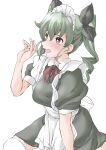  1girl alternate_costume anchovy_(girls_und_panzer) apron black_bow blush bow bowtie breasts drill_hair elf_(stroll_in_the_woods) enmaided from_side girls_und_panzer green_hair hair_between_eyes hair_bow highres maid maid_apron maid_headdress medium_breasts open_mouth red_bow red_eyes sitting solo thighhighs twin_drills wariza white_background white_thighhighs 
