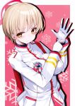  1girl adjusting_clothes adjusting_gloves bangs blonde_hair blue_archive breasts buttons closed_mouth gloves halo hands_up highres large_breasts long_sleeves marina_(blue_archive) omochishiki short_hair snowflakes solo turtleneck very_short_hair white_gloves yellow_eyes 
