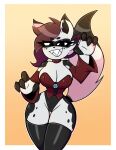  2021 anthro big_breasts breasts brown_hair canid canine cleavage clothed clothing collar female fox fur grey_body grey_fur hair hi_res legwear long_tail looking_at_viewer mammal nelljoestar sharp_teeth smile solo teeth thick_thighs wide_hips 