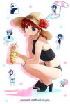  1girl bangs bare_arms bikini black_bikini blue_eyes bracelet braid braided_ponytail character_request drinking_straw eating flower from_side full_body hat hat_flower hibiscus highres jewelry looking_at_viewer medium_hair midriff nail_polish navel ponytail ranma-chan ranma_1/2 red_flower red_hair red_nails saotome_genma_(panda) shinomono921 shiny shiny_hair sleeveless solo squatting stomach straw_hat sun_hat swimsuit tendou_akane tendou_souun toenail_polish toenails twitter_username white_background 