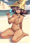  1girl beach bikini breasts brown_hair cleavage dark_skin food green_eyes hat highres large_breasts long_hair mana_(yu-gi-oh!) micro_bikini navel popsicle solo supersatanson swimsuit wizard_hat yu-gi-oh! 