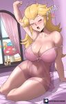  1girl absurdres bangs blonde_hair blush bra breasts cleavage closed_eyes echo_saber highres indoors large_breasts lingerie long_hair mario_(series) messy_hair mushroom navel open_mouth panties princess_peach see-through sleepy solo thick_thighs thighs underwear waking_up window 