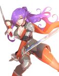  1girl bangs boots breasts choker cleavage cleru_(cleruuuuu) dual_wielding earrings fire_emblem fire_emblem:_three_houses fire_emblem_warriors:_three_hopes hair_bun hair_over_one_eye half-closed_eyes highres holding holding_sword holding_weapon jewelry lips long_hair medium_breasts purple_eyes purple_hair scarf shez_(fire_emblem) shez_(fire_emblem)_(female) smile solo stance stud_earrings sword thighhighs weapon 