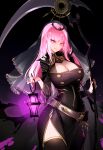  1girl absurdres breasts cleavage highres holding holding_scythe hololive hololive_english lantern large_breasts long_hair mori_calliope pink_eyes pink_hair raptor7 scythe shoulder_spikes solo spikes tiara 