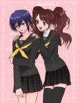  2girls bangs blue_eyes blue_hair brown_eyes brown_hair collarbone grabbing_own_arm hands_on_another&#039;s_shoulders highres kujikawa_rise long_hair looking_to_the_side multiple_girls official_alternate_costume open_mouth oui_zen parted persona persona_4 school_uniform shirogane_naoto short_hair smile swept_bangs thighhighs thighs twintails yasogami_school_uniform 
