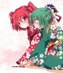  2girls alternate_costume blue_headwear floral_print green_eyes green_hair green_kimono hair_bobbles hair_ornament highres holding_hands ichimura_kanata japanese_clothes kimono long_sleeves looking_at_another multiple_girls onozuka_komachi red_eyes red_hair red_kimono sash shiki_eiki short_hair simple_background sitting touhou two_side_up white_background wide_sleeves yuri 