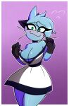  2021 anthro big_breasts blue_body blue_fur blue_hair blush breasts cleavage clothed clothing dewott dress embarrassed female fur generation_5_pokemon gloves green_eyes hair handwear hi_res lutrine mammal mustelid nelljoestar nintendo pokemon pokemon_(species) smile solo spiral_eyes thick_thighs video_games whiskers 