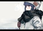  1girl absurdres beanie blue_hair breath brown_gloves from_side gloves hat highres jacket leadin_the_sky letterboxed looking_away multicolored_clothes multicolored_scarf open_mouth purple_eyes scarf shima_rin solo upper_body white_jacket winter_clothes yurucamp zipper 
