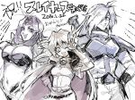  1boy 2girls armor belt black_headband blue_hair breastplate breasts copyright_name dated gami_game01 gourry_gabriev hair_between_eyes headband large_breasts laughing lina_inverse multiple_girls muted_color naga_the_serpent ojou-sama_pose one_eye_closed one_eye_covered open_mouth orange_eyes orange_hair pants purple_eyes purple_hair shoulder_armor sketch slayers small_breasts smile v v-shaped_eyebrows 