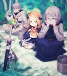  1boy 2girls abigail_williams_(fate) absurdres blonde_hair blue_eyes bow daisi_gi dress fate/grand_order fate_(series) fishing_rod food glasses gloves grey_hair hair_bow highres hood jacques_de_molay_(foreigner)_(fate) jacques_de_molay_(saber)_(fate) multiple_girls opaque_glasses pancake purple_eyes riverbank shield sitting sleeves_past_fingers sleeves_past_wrists sweatdrop sword weapon white_gloves 