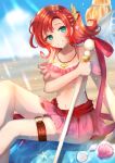  1girl bangs beach belt bikini blue_eyes breasts collarbone conch fire_emblem fire_emblem_heroes frilled_bikini frills gem hair_ornament highres holding holding_polearm holding_weapon jewelry knees_up lance legs light_rays looking_at_viewer medium_hair navel necklace norne_(fire_emblem) o-ring orange_hair parted_bangs pearl_(gemstone) pink_bikini polearm ponytail red_sash sash shell sitting small_breasts smile solo star_(symbol) starfish swimsuit teeth thigh_belt thigh_strap water weapon xyaj8532 