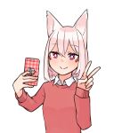  1girl akasha_(syakoba) animal_ear_fluff animal_ears bangs blush cellphone closed_mouth collared_shirt commentary_request facial_mark hair_between_eyes hands_up holding holding_phone long_sleeves original phone pink_hair red_eyes red_sweater selfie shako_(syakoba3) shirt simple_background sleeves_past_wrists smile solo sweater upper_body white_background white_shirt 