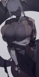  1girl abs bangs black_horns black_skin breasts brown_eyes brown_jacket collarbone colored_skin curled_horns grey_hair highres horns ill_(ub1mo) injury jacket jacket_on_shoulders large_breasts long_hair looking_at_viewer mechanical_arms muscular muscular_female navel original solo tail thick_thighs thighs toned ub1mo 