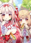  2girls ? animal_ear_fluff animal_ears bell blurry blurry_background bow breasts cleavage cleavage_cutout clothing_cutout copyright_request cross-shaped_pupils day depth_of_field eating food food_on_body food_on_breasts food_on_face frilled_sleeves frills hair_bell hair_bow hair_ornament hairclip highres holding holding_food hot_dog japanese_clothes kimono light_brown_hair long_sleeves looking_at_viewer maid_headdress medium_breasts multiple_girls outdoors red_bow red_eyes red_kimono sexually_suggestive siera_(sieracitrus) signature tiara underboob wide_sleeves wrist_cuffs 