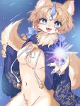  1girl :3 animal_ear_fluff animal_ears animal_hands animal_nose bangs blue_background blue_bow blue_cloak blue_eyes blue_horns body_fur bow breasts brown_fur brown_hair claws cloak commentary_request constellation_print diamond-shaped_pupils diamond_(shape) drawstring fangs fox_ears fox_girl fox_tail fur_collar furry furry_female glowing groin hair_bow hair_intakes hands_up happy highres horns korean_commentary looking_at_viewer magic medium_breasts medium_hair naked_cloak navel no_nipples open_mouth original out-of-frame_censoring pawpads sami_(yaonga797) shooting_star sidelocks single_horn smile solo sparkle star_(symbol) stomach symbol-shaped_pupils tail tail_raised teeth tongue twintails two-tone_fur white_fur wide-eyed 