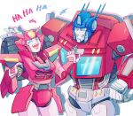  1boy 1girl :d ^_^ autobot blue_eyes blush closed_eyes elita_one english_commentary hand_on_another&#039;s_chest highres laughing mecha optimus_prime robot science_fiction shisan_wei smile transformers transformers:_earth_spark wheel white_background windshield 