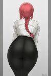  1girl ass black_pants bluefield blurry blurry_background braid braided_ponytail chainsaw_man facing_away formal from_behind highres long_hair makima_(chainsaw_man) pant_suit pants red_hair shirt shirt_tucked_in sidelocks solo standing suit white_shirt 