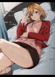  1girl alp bed black_skirt brown_hair cellphone crossed_legs highres holding holding_phone jacket jewelry lying miyamori_aoi on_back on_bed open_clothes open_jacket pendant phone pillow pink_shirt red_jacket shirobako shirt short_hair skirt thighs translation_request 