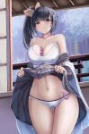  1girl absurdres architecture bangs between_breasts black_hair blush bra breasts butterfly_hair_ornament clothes_lift east_asian_architecture hair_ornament highres kimetsu_no_yaiba large_breasts lifted_by_self long_hair looking_at_viewer monikano navel open_clothes open_shirt panties purple_eyes pussy_juice remote_control_vibrator sex_toy side_ponytail skirt skirt_lift solo sports_bra trembling tsuyuri_kanao underwear vibrator vibrator_under_clothes vibrator_under_panties white_bra white_panties 