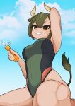  1girl alternate_costume animal_ears aurochs_(kemono_friends) black_one-piece_swimsuit blush brown_eyes commentary cow_ears cow_girl cow_horns cow_tail from_below green_hair green_one-piece_swimsuit highres horns illu kemono_friends kneeling looking_at_viewer lotion muscular one-piece_swimsuit short_hair solo sunscreen swimsuit symbol-only_commentary tail two-tone_swimsuit 