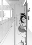  1girl absurdres apartment areola_slip breasts camisole cleavage closed_mouth collarbone crocs highres housewife kaniguruma large_breasts leaning_forward long_hair mature_female monochrome opening_door original sandals short_shorts shorts solo sweat 