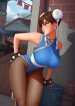  armlet bangs bare_arms blue_leotard breasts brown_eyes brown_hair bun_cover chun-li city cowboy_shot deilan12 dress drum_(container) highres large_breasts leaning_forward leotard outdoors pantyhose short_hair sleeveless sleeveless_dress street_fighter 