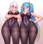  2girls arm_around_waist azur_lane bare_shoulders blue_hair blue_nails breasts cleavage commission crossed_arms crossover from_below gradient gradient_background gradient_hair graf_zeppelin_(azur_lane) grey_hair hair_between_eyes hand_on_hip highleg highleg_leotard highres large_breasts league_of_legends leotard long_hair matching_outfit multicolored_hair multiple_girls pantyhose renkonv sona_(league_of_legends) strapless strapless_leotard thick_thighs thighband_pantyhose thighs twintails 