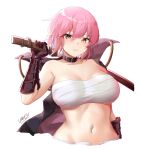  1girl absurdres alchemy_stars bandages bandeau bangs bare_shoulders breasts chest_sarashi cleavage collarbone commentary cropped_torso hair_between_eyes hand_up highres hiiro_(alchemy_stars) holding holding_sword holding_weapon katana large_breasts looking_at_viewer midriff navel over_shoulder parted_lips pink_eyes pink_hair sarashi short_hair simple_background solo stomach strapless sword tube_top upper_body van.elv weapon weapon_over_shoulder white_background 