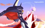  ambiguous_gender artist_name attack blue_body cloud colored countershading duo feral garchomp generation_4_pokemon hi_res hyperbeam laser majimartbcn nintendo pokemon pokemon_(species) purple_body red_body red_countershading shaded simple_background video_games 