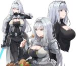  1girl armor blue_eyes breast_tattoo breasts chewing cleavage cleavage_cutout clothing_cutout eating ethel_(xenoblade) food grey_hair hair_intakes highres large_breasts long_hair ormille shoulder_armor solo swallowing tattoo very_long_hair white_hair xenoblade_chronicles_(series) xenoblade_chronicles_3 