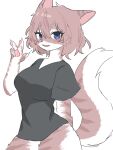  1girl :3 animal_ears animal_hands animal_nose arm_behind_back bangs black_shirt blue_eyes blush body_fur bottomless breasts brown_fur brown_hair cat_ears cat_girl cat_tail claws commentary_request cowboy_shot furry furry_female hair_between_eyes hand_up happy highres korean_commentary large_breasts light_blush looking_at_viewer messy_hair multicolored_fur open_mouth original pawpads sami_(yaonga797) shiny shiny_hair shirt short_hair short_sleeves sidelocks simple_background sketch smile solo standing striped_fur tail tail_raised thick_thighs thighs w white_background white_fur 