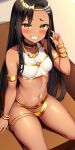  1girl ai-generated black_hair blush breasts collarbone dark-skinned_female dark_skin egyptian egyptian_clothes gold ijiranaide_nagatoro-san jewelry kneeling long_hair looking_at_viewer nagatoro_hayase navel pixiz-sama sitting small_breasts smile solo tan teeth thighs yellow_eyes 