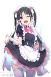  1girl :d akiba_maid_sensou animal_ears apron black_dress black_hair bow bowtie buttons dated dot_nose double-breasted dress fake_animal_ears fang highres long_hair looking_at_viewer maid maid_apron maid_headdress nii_manabu one_eye_closed open_mouth pig_ears pink_bow pink_bowtie purple_eyes signature skirt_hold smile solo thighhighs twintails white_apron white_background white_thighhighs yumechi_(akiba_maid_sensou) 