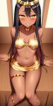  1girl ai-generated black_hair blush bra breasts collarbone dark-skinned_female dark_skin egyptian egyptian_clothes gold ijiranaide_nagatoro-san jewelry long_hair looking_at_viewer nagatoro_hayase navel pixiz-sama sitting small_breasts smile solo tan teeth thighs underwear wrist_cuffs yellow_eyes 