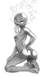  2022 anthro anthrofied biped breasts butt fangs female gastly generation_1_pokemon genitals greyscale hand_on_butt hi_res kneeling long_tongue looking_at_viewer monochrome nintendo nipples pinktaco plantigrade pokemon pokemon_(species) pussy simple_background small_breasts solo tongue video_games white_background 