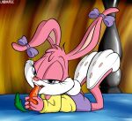  absurd_res babs_bunny carrot female food gesture hi_res licking looking_at_viewer lying on_front open_mouth plant seductive smile solo suggestive suggestive_gesture tiny_toon_adventures tongue tongue_out unbakable vegetable warner_brothers 