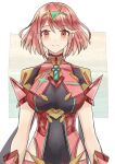  1girl absurdres bangs breasts chest_jewel commentary_request covered_navel cowboy_shot earrings headpiece highres jewelry looking_at_viewer okurasato pyra_(xenoblade) red_eyes red_hair revision short_hair smile solo swept_bangs tiara xenoblade_chronicles_(series) xenoblade_chronicles_2 