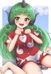  1girl :d barefoot curly_hair fang green_eyes green_hair highres horns houri_sh komano_aunn long_hair open_mouth paw_pose red_shirt shirt shorts single_horn sitting skin_fang smile solo touhou 